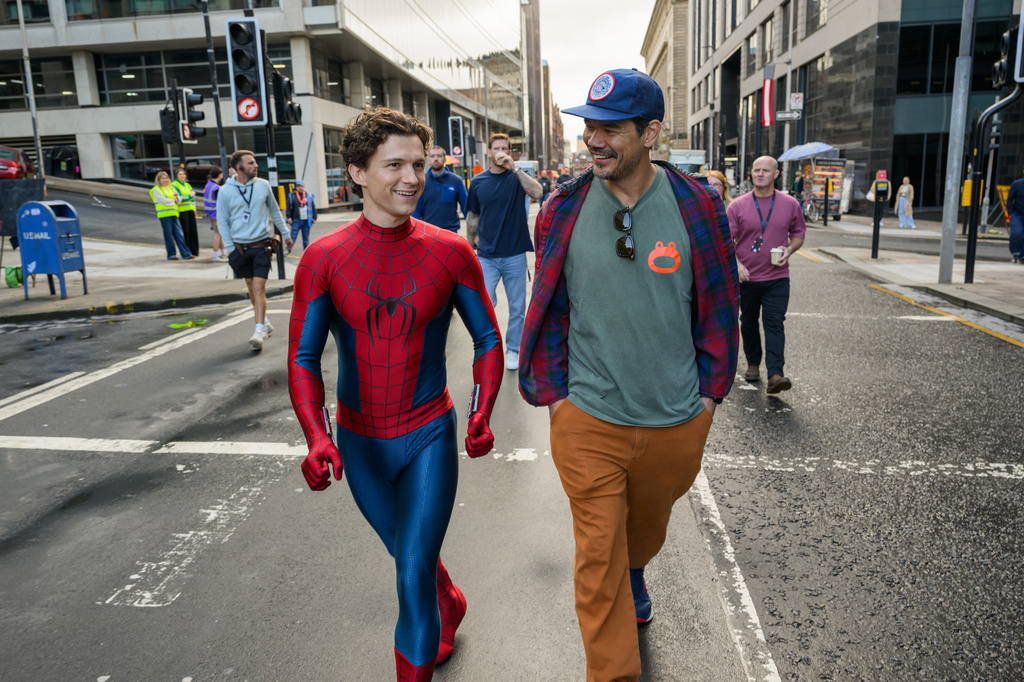 This image released by Sony Pictures shows Tom Holland, left, and director Destin Daniel Cretton on the set of "Spider-Man: Brand New Day." (Sony Pictures via AP)
