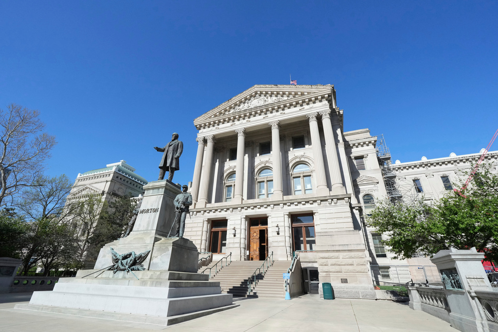 FILE - A general exterior view of the Indiana Statehouse in Indianapolis, April 23, 2025. (AP Photo/AJ Mast, File)
