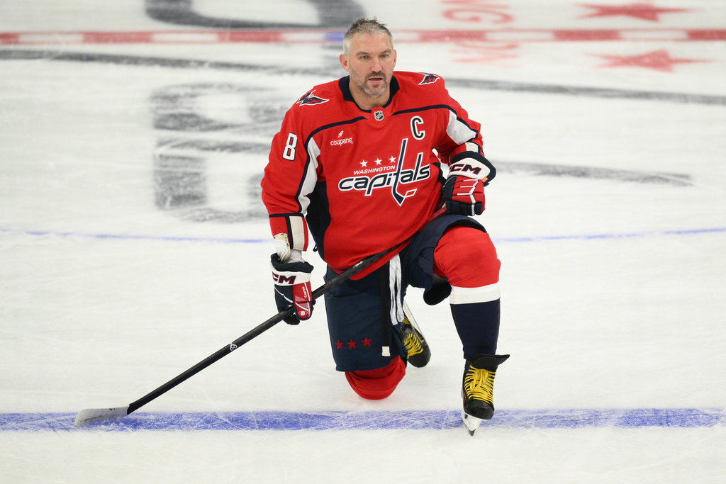 FILE - Washington Capitals left wing Alex Ovechkin (8) warms up before an NHL preseason hockey game against the Boston Bruins, Thursday, October. 2, 2025, in Washington. (AP Photo/Nick Wass, File)