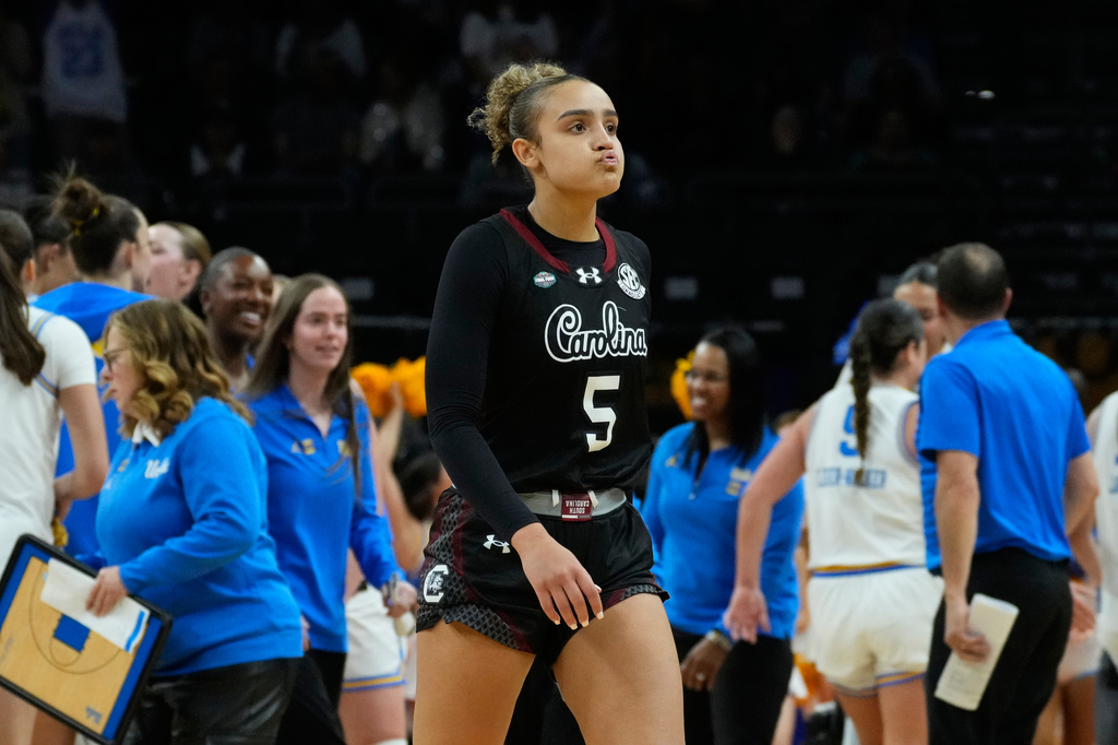 South Carolina guard Tessa Johnson (5) reacts after a play against UCLA during the second half of the women's National Championship Final Four NCAA college basketball tournament game, Sunday, April 5, 2026, in Phoenix. (AP Photo/Ross D. Franklin)