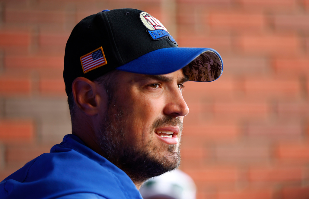 FILE - New York Giants offensive coordinator Mike Kafka talks to reporters before NFL football practice in East Rutherford, N.J., June 5, 2025. (AP Photo/Noah K. Murray, File)