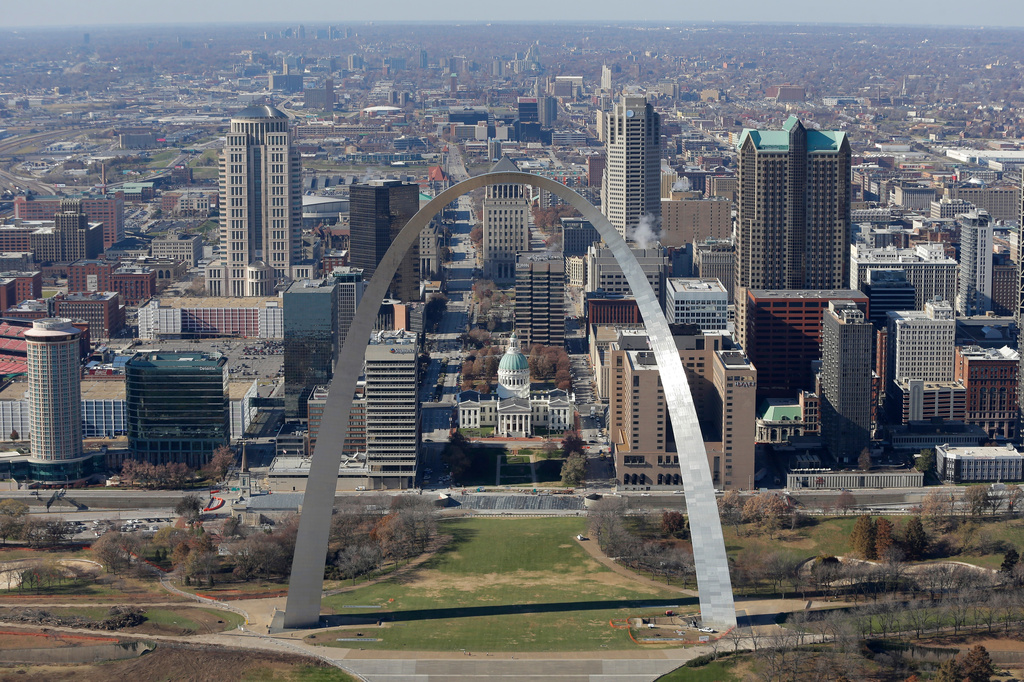 FILE - The Gateway arch is seen with the downtown St. Louis skyline in this aerial photo, Nov. 25, 2014. (AP Photo/Charlie Riedel, File)