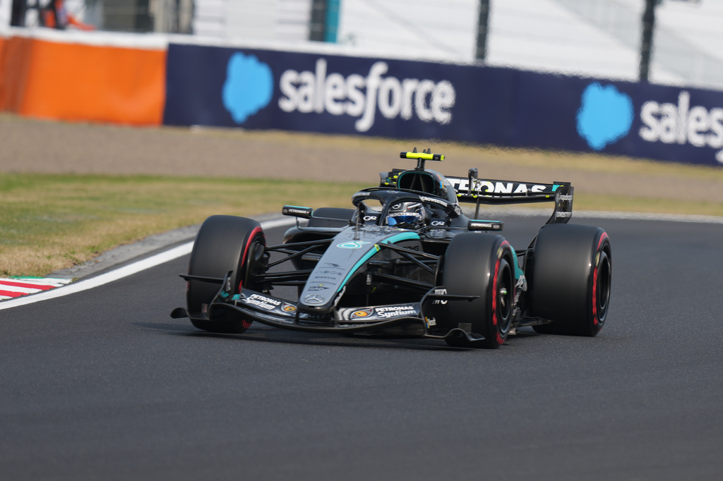 Mercedes driver Kimi Antonelli of Italy steers his car during the qualifying session of the Japanese Formula One Grand Prix at the Suzuka Circuit in Suzuka, Japan, Saturday, March 28, 2026. (AP Photo/Eugene Hoshiko)