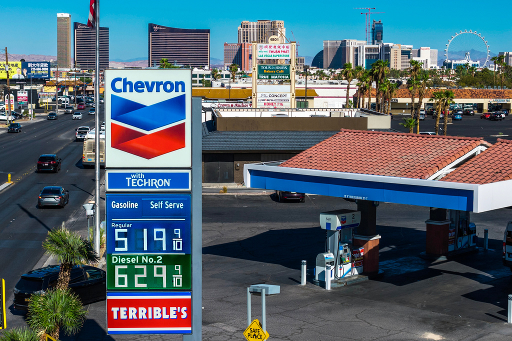 Chevron gas station prices are displayed in Las Vegas on Thursday, Sept. 3, 2026 (L.E. Baskow/Las Vegas Review-Journal via AP)