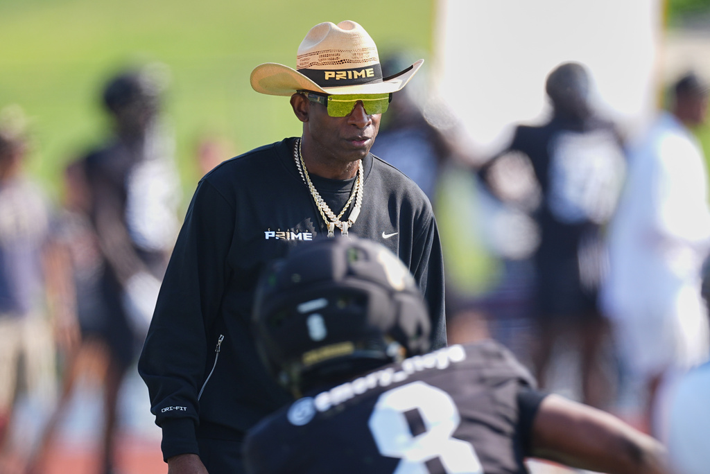 Colorado head coach Deion Sanders looks on during a practice at an NCAA college football training camp in Fountain, Colo., Thursday, Aug. 6, 2026. (AP Photo/David Zalubowski)