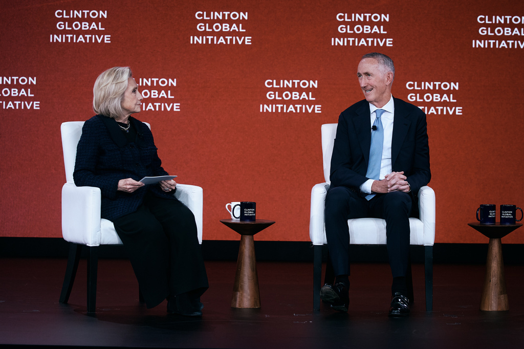 Daniel O'Day, Chairman and CEO of Gilead Sciences, right, speaks next to former United States Secretary of State, Hillary Clinton, left, during the Clinton Global Initiative, Tuesday, Sept. 22, 2026, in New York. (AP Photo/Andres Kudacki)