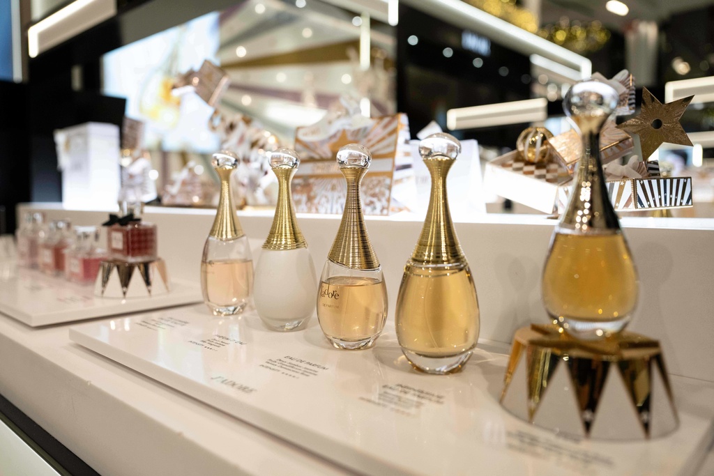 A general view shows Dior perfumes at Macy's flagship store, Friday, Nov. 21, 2025, in New York. (AP Photo/Yuki Iwamura)