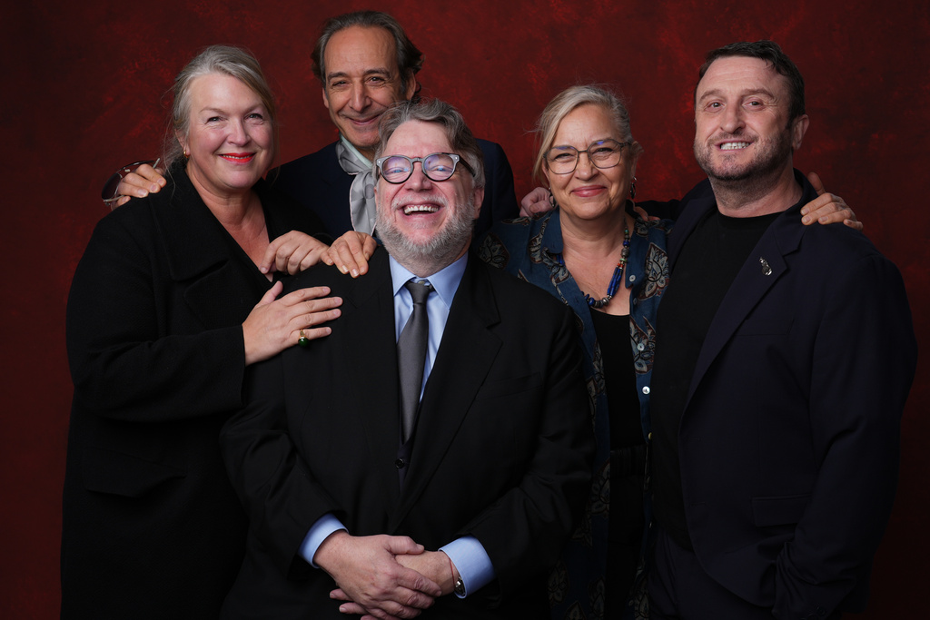 Kate Hawley, from left, Alexandre Desplat, Guillermo del Toro, Tamara Deverell, and Mike Hill pose for a portrait during the 98th Academy Awards Oscar nominees luncheon on Tuesday, Feb. 10, 2026, at the Beverly Hilton Hotel in Beverly Hills, Calif. (AP Photo/Chris Pizzello)