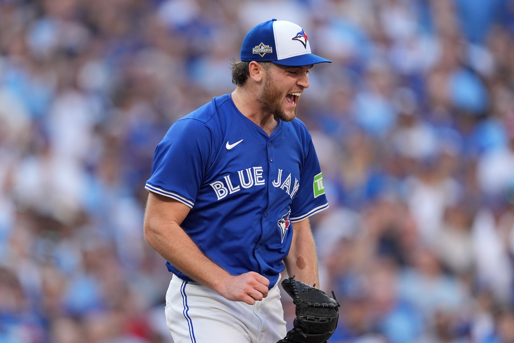 Toronto Blue Jays pitcher Trey Yesavage celebrates after striking out the New York Yankees' side during the fourth inning of Game 2 of baseball's American League Division Series in Toronto, Sunday, Oct. 5, 2025. (Frank Gunn/The Canadian Press via AP)