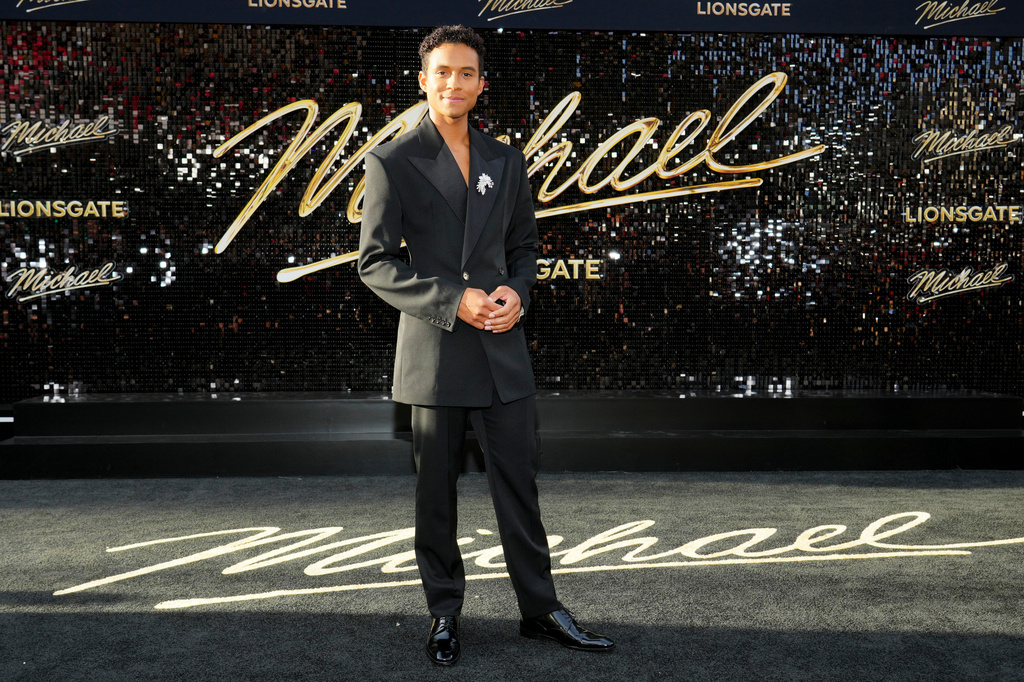 Jaafar Jackson arrives at the premiere of "Michael" on Monday, April 20, 2026, at the Dolby Theatre in Los Angeles. (Photo by Jordan Strauss/Invision/AP)