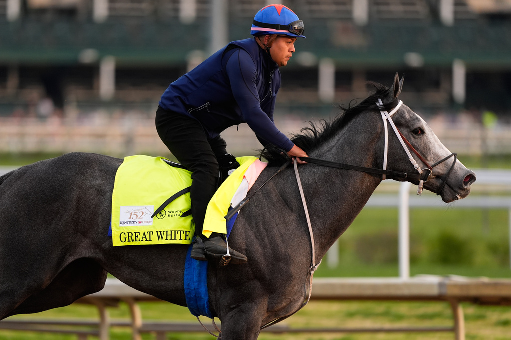 Kentucky Derby alternate Great White works out at Churchill Downs Monday, April 27, 2026, in Louisville, Ky. (AP Photo/Charlie Riedel)