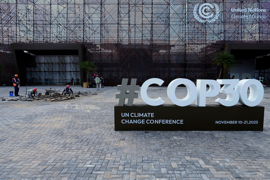 A sign for the upcoming COP30 U.N. Climate Summit sits outside of the press center in Belem, Brazil, Monday, Nov. 3, 2025. (AP Photo/Eraldo Peres)