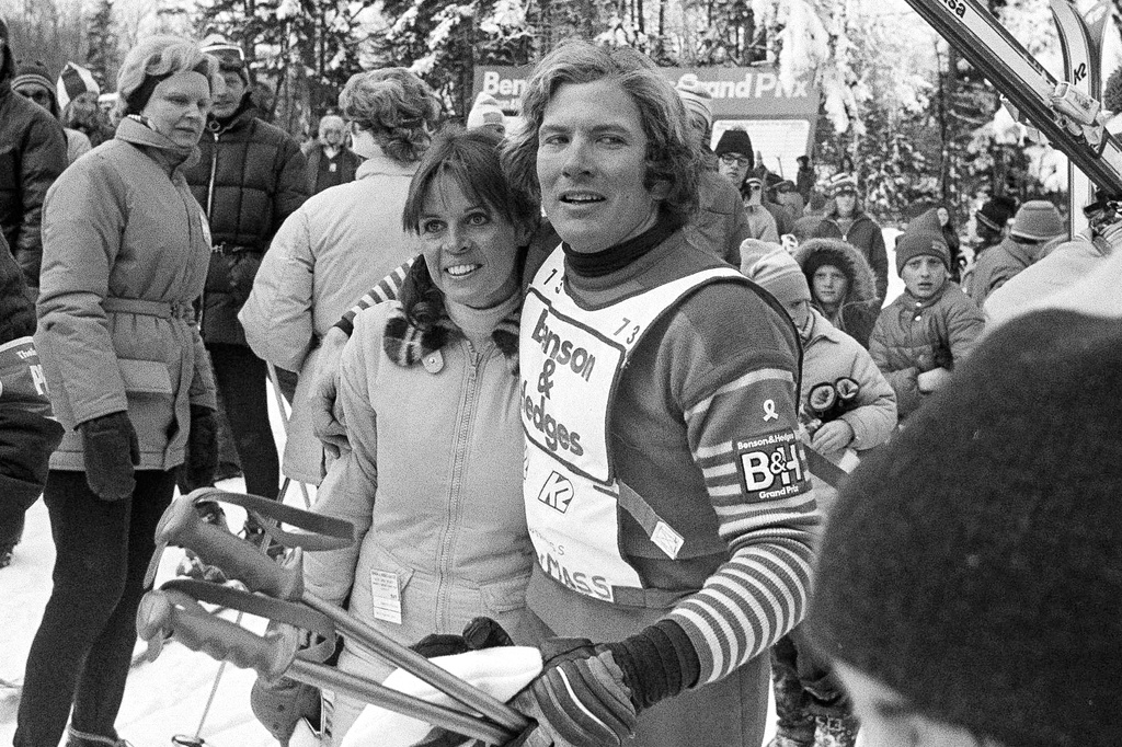 FILE - Claudine Longet and Vladimir "Spider" Sabich, right, appear at the Benson and Hedges Slalom Classic ski meet at Mount Snow in West Dover, Vt., on Jan. 6, 1974. (AP Photo/J. Walter Green, File)