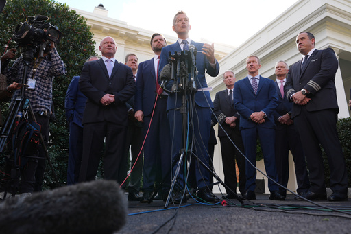 Transportation Secretary Sean Duffy speaks to the media alongside Sean O'Brien, President of the International Brotherhood of Teamsters, from left, Chris Sununu, president & CEO of Airlines for America, Vice President JD Vance and aviation industry representatives, about the impact of the government shutdown on the aviation industry, outside of the West Wing of the White House, Thursday, Oct. 30, 2025, in Washington. (AP Photo/Jacquelyn Martin) Transportation Secretary Sean Duffy speaks to the media alongside Sean O'Brien, President of the International Brotherhood of Teamsters, from left, Chris Sununu, president & CEO of Airlines for America, Vice President JD Vance and aviation industry representatives, about the impact of the government shutdown on the aviation industry, outside of the West Wing of the White House, Thursday, Oct. 30, 2025, in Washington. (AP Photo/Jacquelyn Martin)