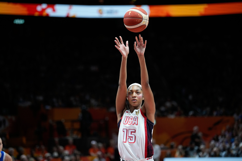 Angel Reese, of the United States, shoots a freethrow during the Women's Basketball World Cup final match between the United States and France in Berlin, Sunday, Sept. 13, 2026. (AP Photo/Ebrahim Noroozi)
