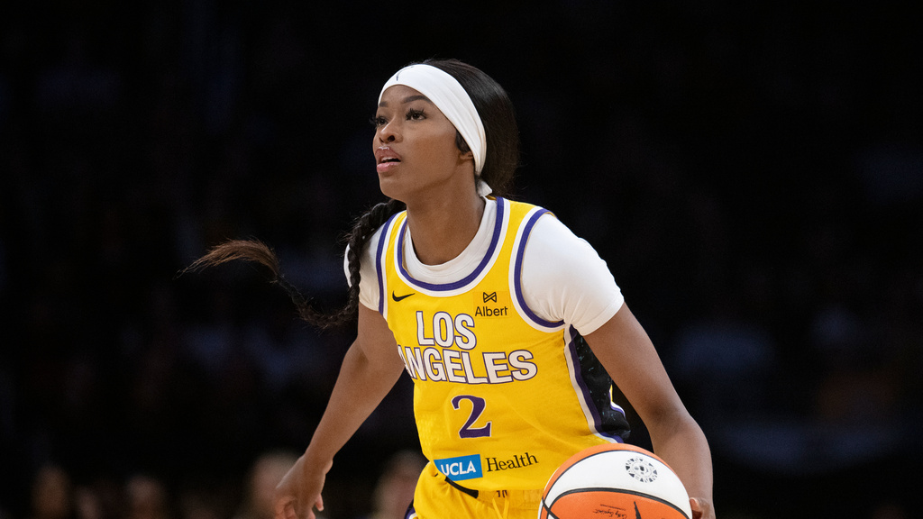 FILE - Los Angeles Sparks forward Rickea Jackson (2) dribbles during the first half of a WNBA basketball game on Aug. 29, 2025, in Los Angeles. (AP Photo/Kyusung Gong, File)