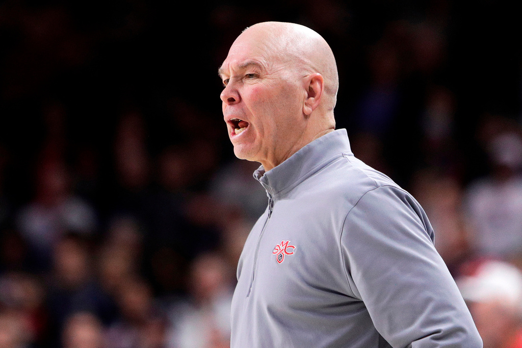 FILE - Saint Mary's head coach Randy Bennett directs his team during the second half of an NCAA college basketball game against Gonzaga, Jan. 31, 2026, in Spokane, Wash. (AP Photo/Young Kwak, File)