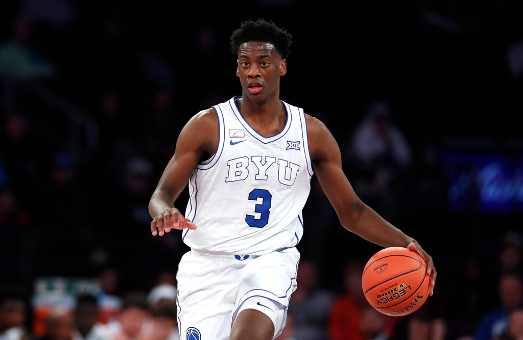 BYU forward AJ Dybantsa (3) dribbles the ball against Clemson during the first half of an NCAA college basketball game, Tuesday, Dec. 9, 2025, in New York. (AP Photo/Noah K. Murray)