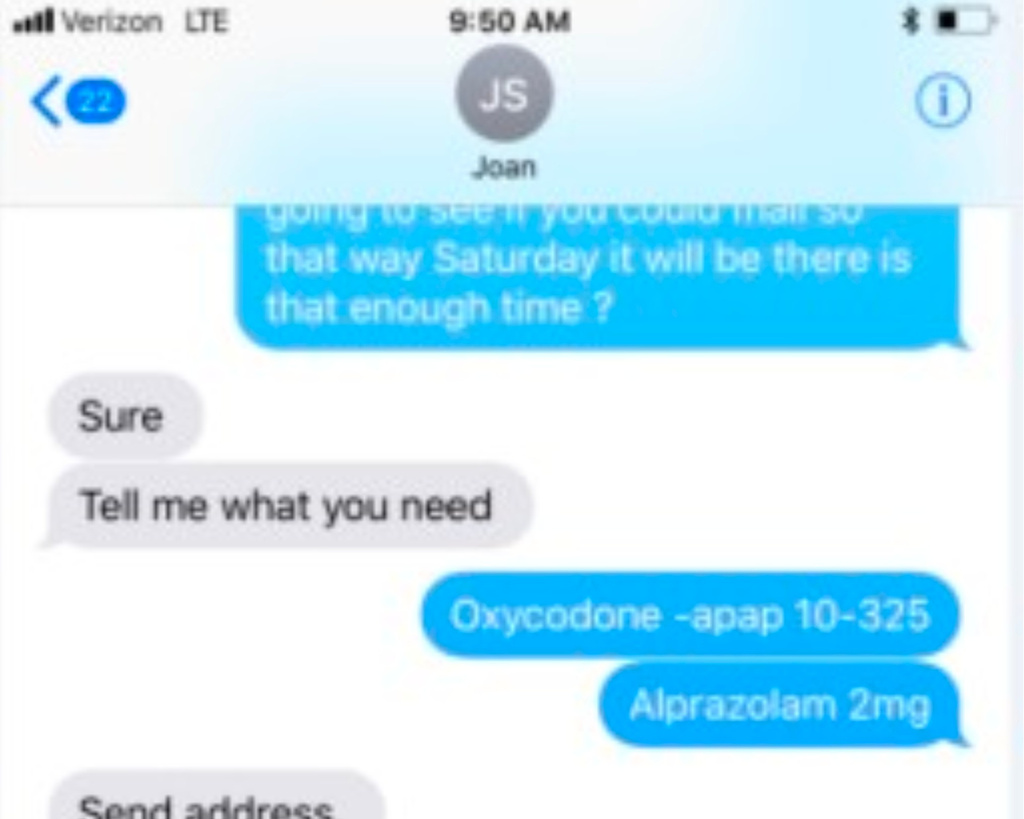 This image from a U.S. District Court document filed on Jan. 8, 2025, shows a text message exchange between Joan Rubinger and a customer asking for a prescription of Oxycodone and Alprazolam. (United States District Court Eastern District of California via AP)