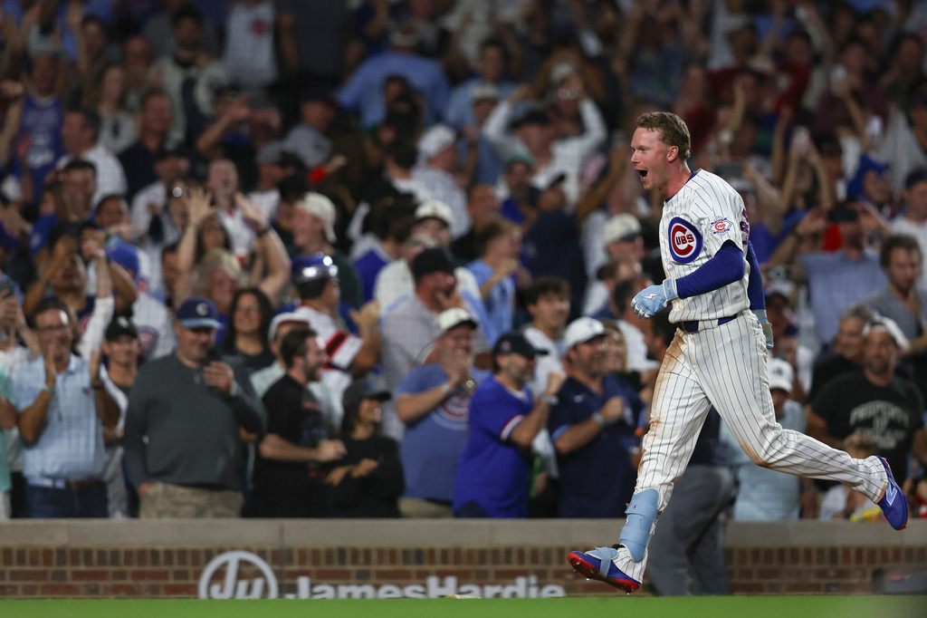 Chicago Cubs' Pete Crow-Armstrong reacts after hitting a walkoff home run during the 10th inning of a baseball game to defeat the Chicago White Sox in Chicago, Monday, Aug. 17, 2026. (AP Photo/Jessie Alcheh)