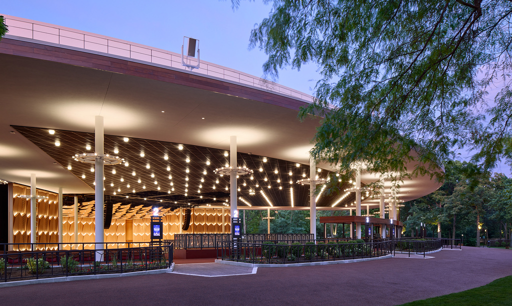 This image released by Ravinia shows the exterior of the renovated Hunter Pavilion in Highland Park, Ill., on July 1, 2026. (Dave Burk/Ravinia via AP)