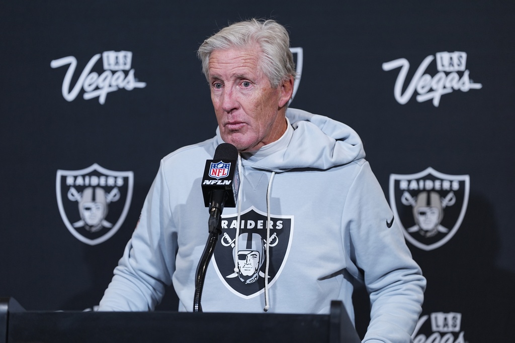 Las Vegas Raiders head coach Pete Carroll speaks during a news conference after an NFL football game against the Philadelphia Eagles on Sunday, Dec. 14, 2025, in Philadelphia. (AP Photo/Matt Rourke)