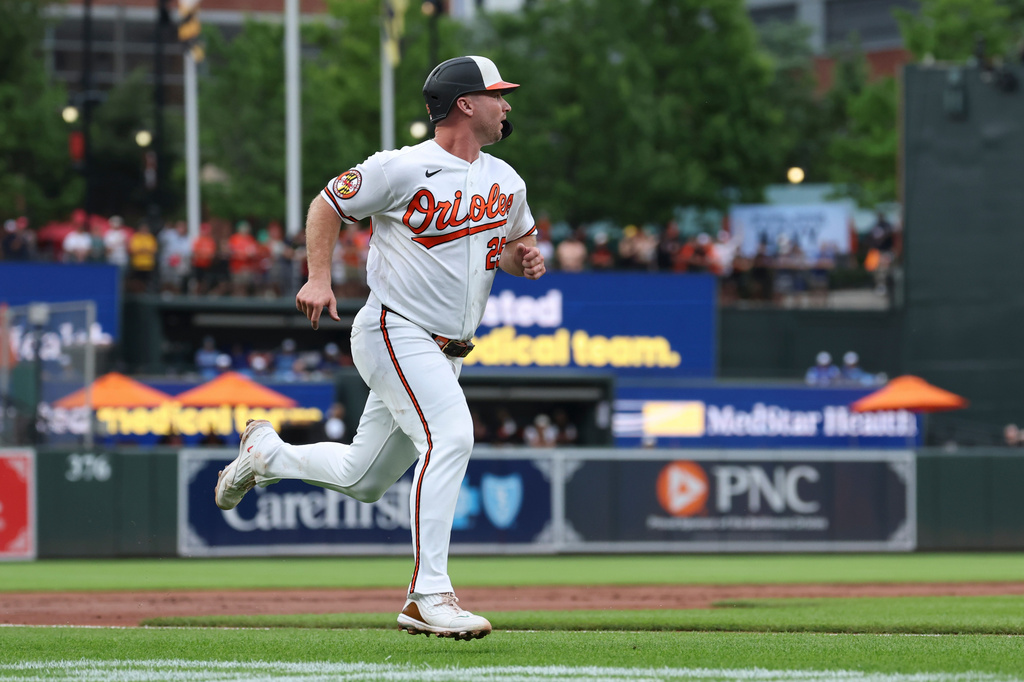 Baltimore Orioles' Pete Alonso runs to score on a single hit by Samuel Basallo off Kansas City Royals pitcher Noah Cameron during the second inning of a baseball game, Saturday, July 11, 2026, in Baltimore. (AP Photo/Terrance Williams)
