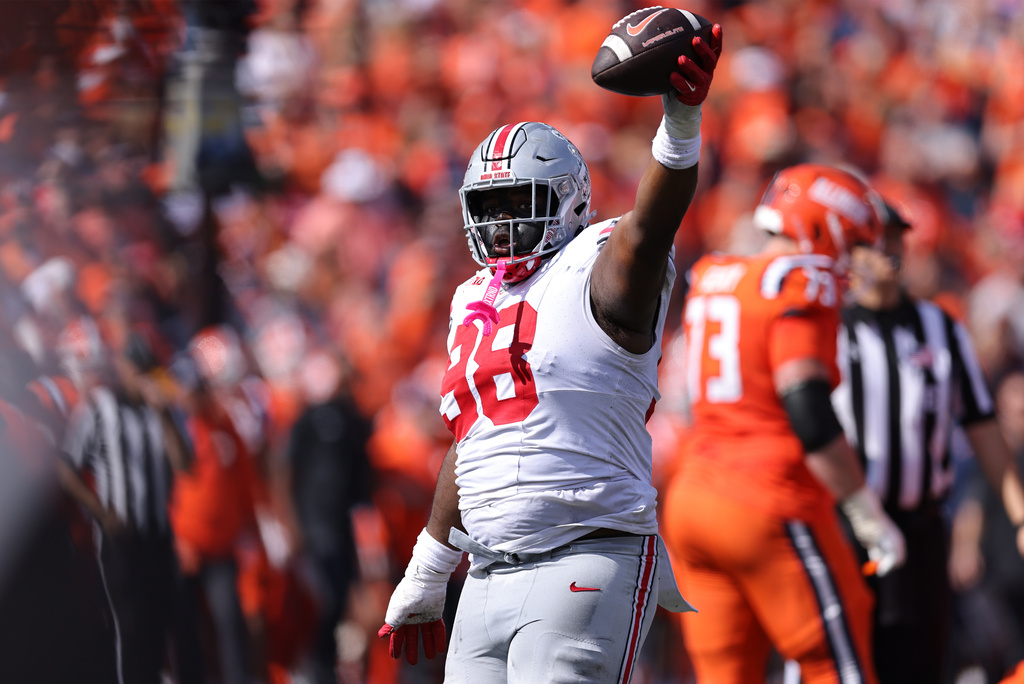 FILE - Ohio State defensive lineman Kayden McDonald (98) celebrates after recovering a fumble during an NCAA football game on Saturday, Oct. 11, 2025, in Champaign, Ill. (AP Photo/Melissa Tamez, File)