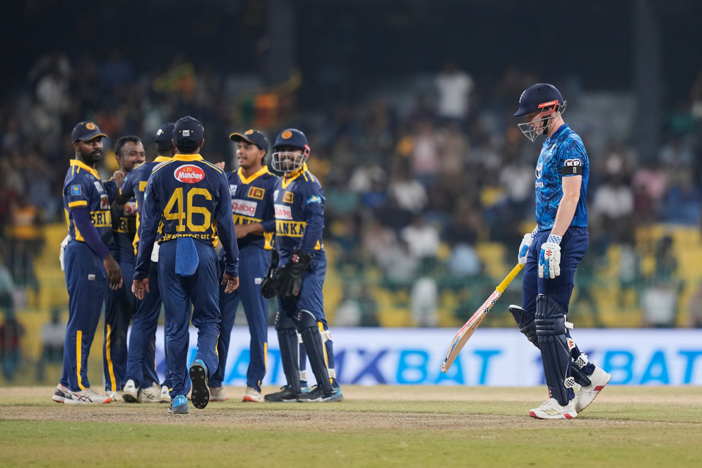 England's captain Harry Brook leaves the ground after losing his wicket during the first ODI cricket match between England and Sri Lanka in Colombo, Sri Lanka, Thursday, Jan. 22, 2026. (AP Photo/Eranga Jayawardena)