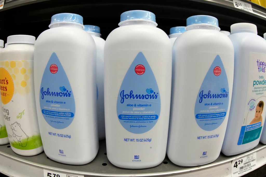 FILE - Johnson's baby powder on display at a market in Pittsburgh, Jan. 26, 2023. (AP Photo/Gene J. PuskarFile)