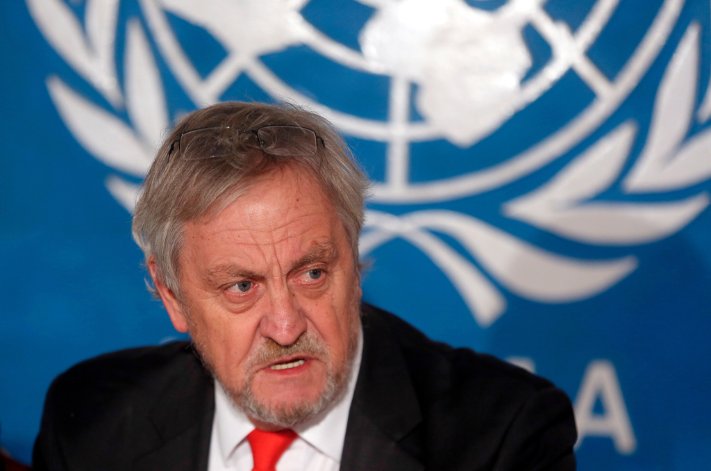 FILE - Nicholas Haysom, United Nations envoy in Afghanistan, speaks during a press conference in Kabul on Feb. 18, 2015. (AP Photo/Massoud Hossaini, File)