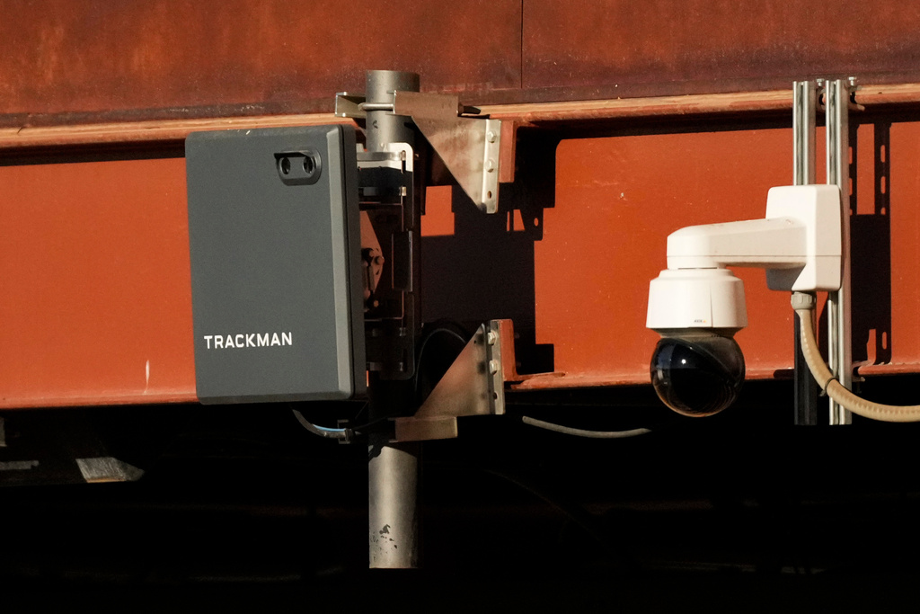 FILE - A Trackman device used for the Automated Ball/Strike System is posted on the balcony behind home plate before a spring training baseball game between the Kansas City Royals and the Los Angeles Dodgers, Feb. 22, 2025, in Phoenix. (AP Photo/Ashley Landis, File)