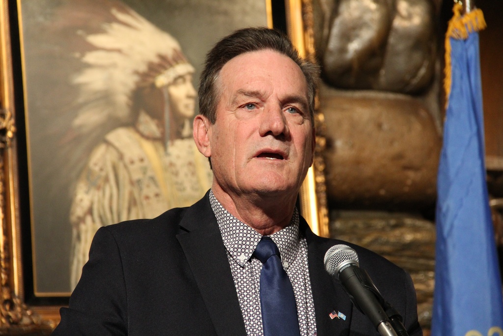 Gov. Larry Rhoden speaks with attendees of his announcement event at the Hotel Alex Johnson, Tuesday, Nov. 18, 2025, in Rapid City, S.D. (Shalom Baer Gee/Rapid City Journal via AP)