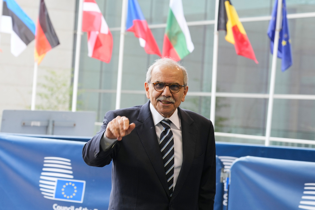 Lebanon's Prime Minister Nawaf Salam arrives for a meeting of EU foreign ministers at the European Council building in Luxembourg, Tuesday, April 21, 2026. (AP Photo/Virginia Mayo)