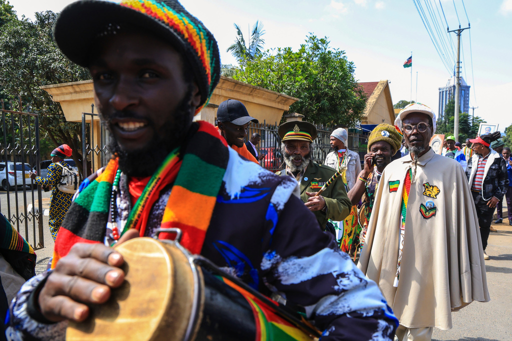 Rastafarians gather outside Milimani Law Courts, after the high court dismisses a Rastafarian case seeking to legalize marijuana, in Nairobi, Wednesday, July 15, 2026. (AP Photo/Andrew Kasuku)