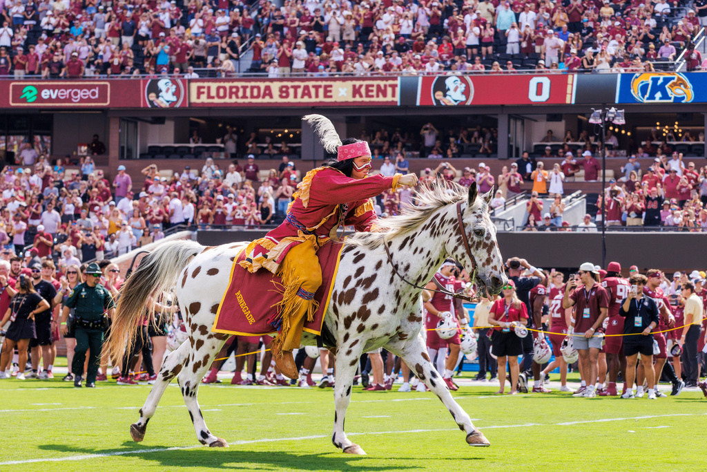 FILE - Florida State mascot Osceola rides Renegade across the field before an NCAA college football game against Kent State, Saturday, Sept. 20, 2025, in Tallahassee, Fla. (AP Photo/Colin Hackley, File)