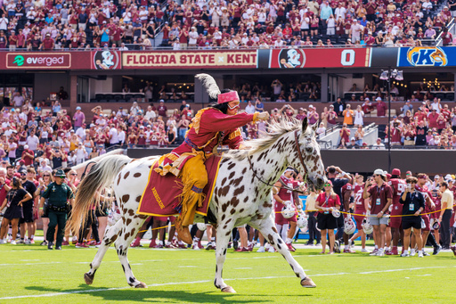 FILE - Florida State mascot Osceola rides Renegade across the field before an NCAA college football game against Kent State, Saturday, Sept. 20, 2025, in Tallahassee, Fla. (AP Photo/Colin Hackley, File) FILE - Florida State mascot Osceola rides Renegade across the field before an NCAA college football game against Kent State, Saturday, Sept. 20, 2025, in Tallahassee, Fla. (AP Photo/Colin Hackley, File)