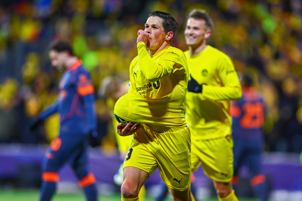 Bodø/Glimt's Sondre Brunstad Fet celebrates after scoring against Inter's Milan during a Champions League soccer match, Wednesday, Feb 18, 2026, in Bodo, Norway. (Mats Torbergsen/NTB Scanpix via AP)