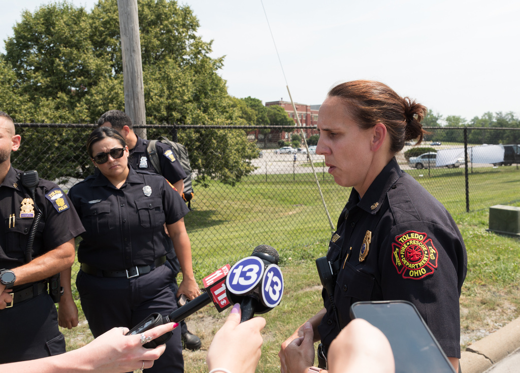 Toledo Fire & Rescue Chief Allison Armstrong talks to the media after emergency personnel responded to a hazardous material call on Phillips Avenue in Toledo, Ohio, on Wednesday, July 15, 2026. (Alex Bracken/The Blade via AP)