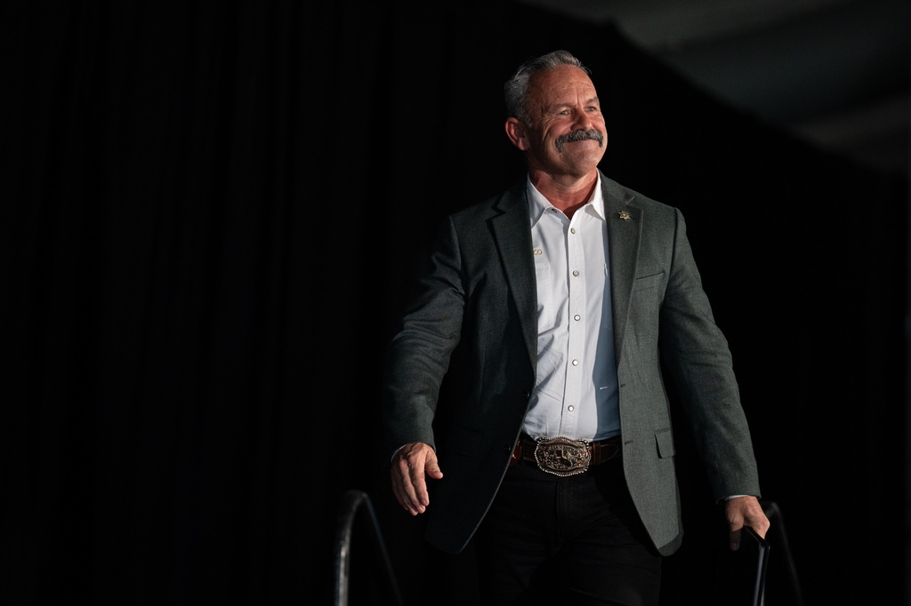 California gubernatorial candidate Riverside County Sheriff Chad Bianco walks toward the podium to speak at the California Republican Party Convention in San Diego, Saturday, April 11, 2026. (AP Photo/Jae C. Hong)