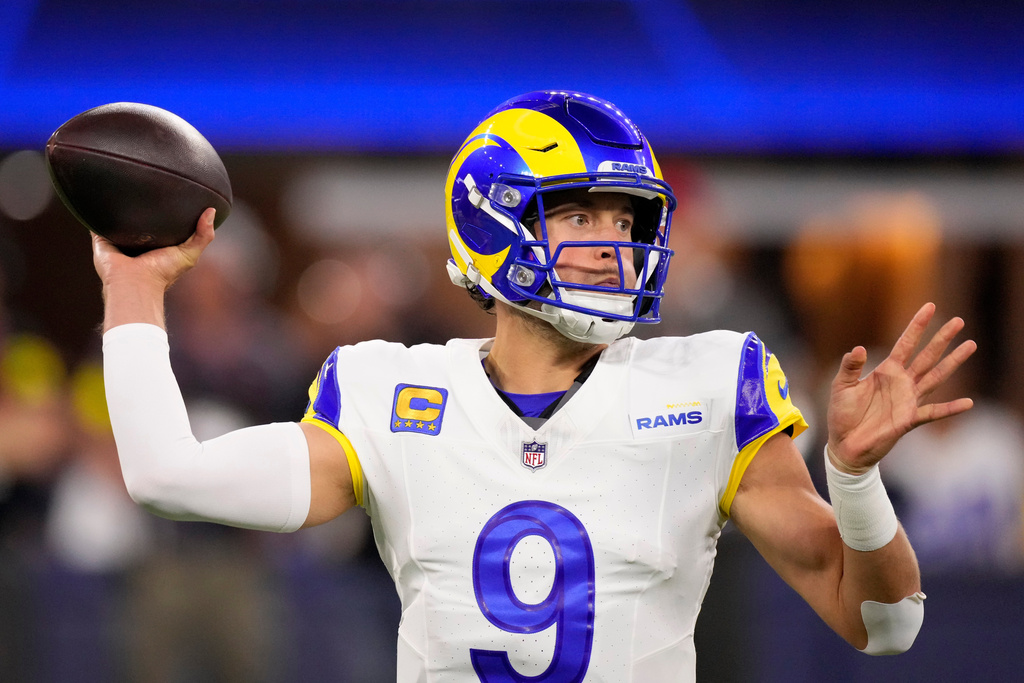 Los Angeles Rams quarterback Matthew Stafford passes against the Tampa Bay Buccaneers during the first half of an NFL football game, Sunday, Nov. 23, 2025, in Inglewood, Calif. (AP Photo/Mark J. Terrill)