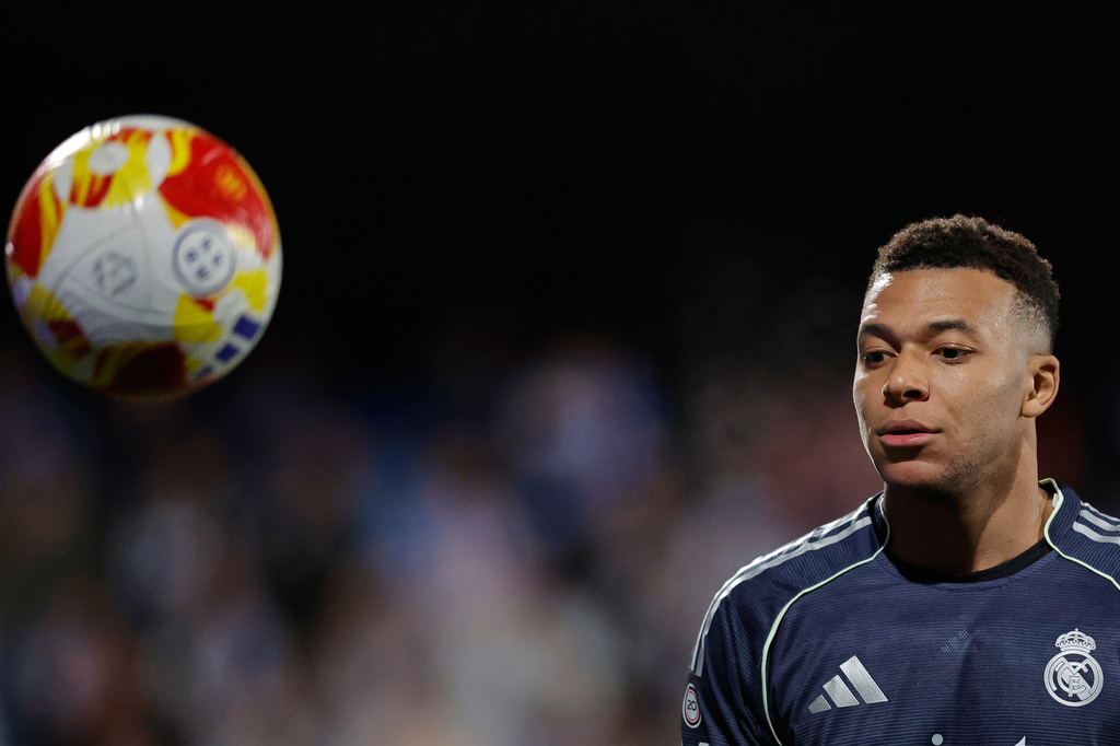 Real Madrid's Kylian Mbappe reacts during the Copa del Rey soccer match between Talavera and Real Madrid, in Talavera de la Reina, Spain, Wednesday, Dec. 17, 2025. (AP Photo/M. Berengui)