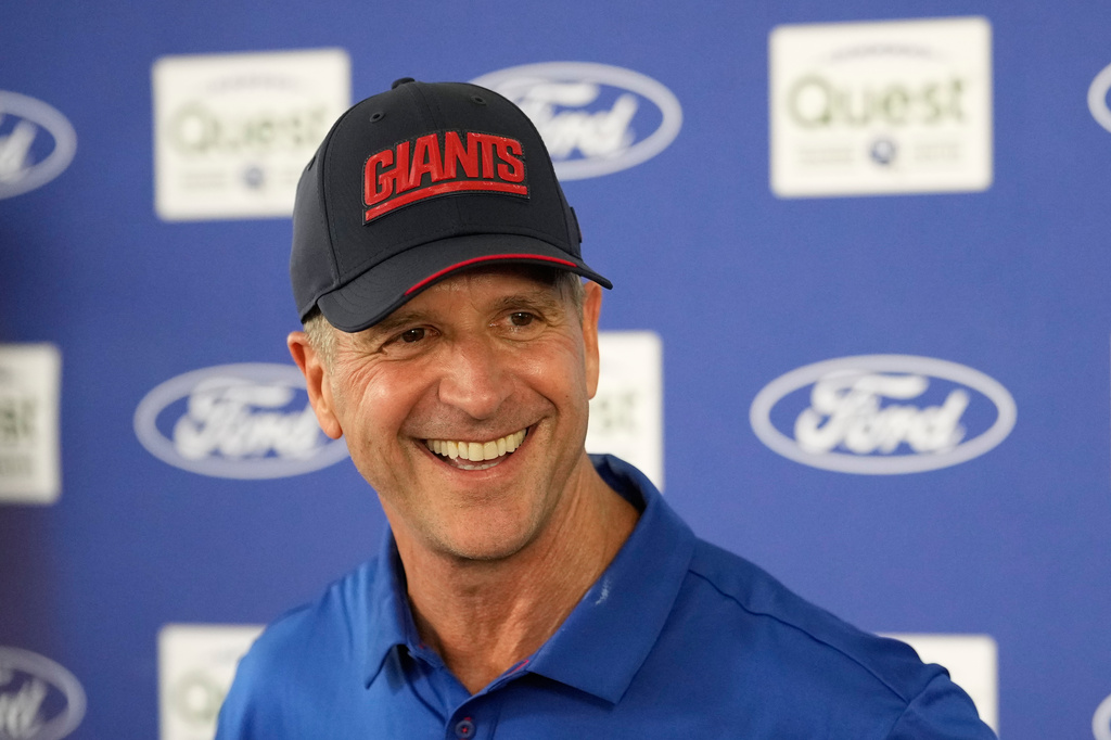 New York Giants head coach John Harbaugh speaks during a news conference after an NFL football training camp, Wednesday, July 29, 2026, in White Sulphur Springs, W.Va. (AP Photo/Chris Carlson)