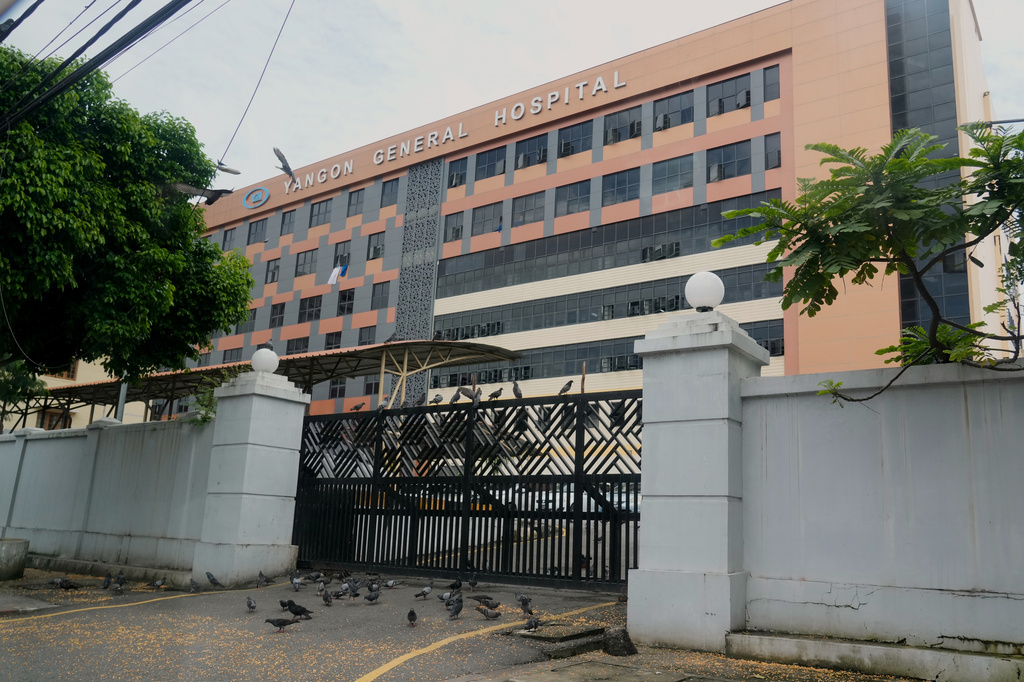 Pigeons gather at an entrance of Yangon general hospital, Friday, Aug. 14, 2026, in Yangon, Myanmar. (AP Photo/Thein Zaw)