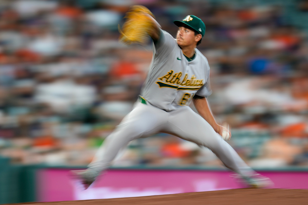 Athletics starting pitcher Gage Jump throws to the Houston Astros during the second inning of a baseball game, Sunday, June 7, 2026, in Houston. (AP Photo/Eric Christian Smith)