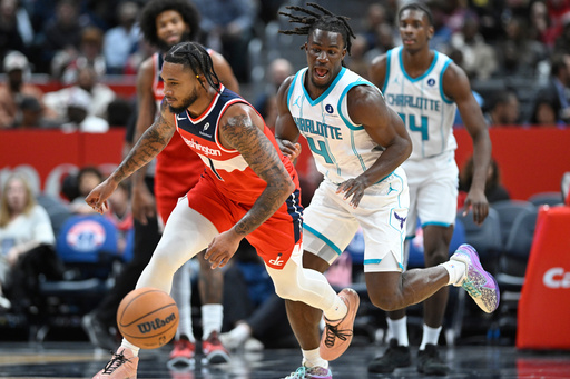 Washington Wizards forward Cam Whitmore (1) and Charlotte Hornets guard Sion James (4) chase the ball during the first half of an NBA basketball game Sunday, Oct. 26, 2025, in Washington. (AP Photo/John McDonnell) Washington Wizards forward Cam Whitmore (1) and Charlotte Hornets guard Sion James (4) chase the ball during the first half of an NBA basketball game Sunday, Oct. 26, 2025, in Washington. (AP Photo/John McDonnell)