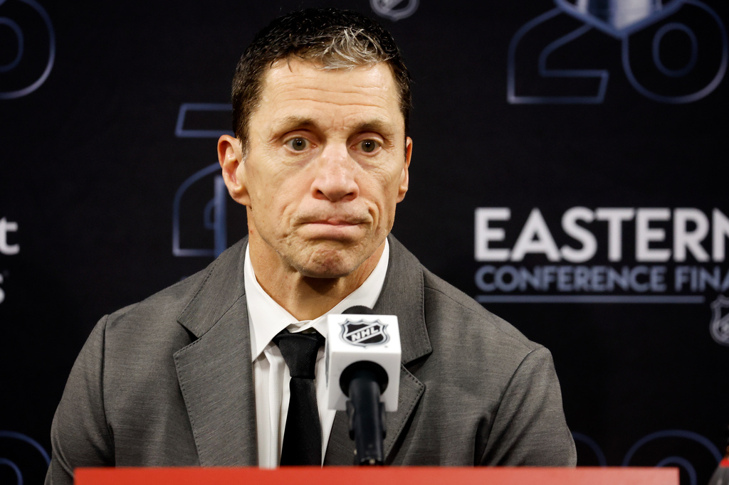 Carolina Hurricanes head coach Rod Brind'Amour speaks to the media following Game 1 of the Eastern Conference finals NHL hockey Stanley Cup playoffs series between the Carolina Hurricanes and the Montréal Canadiens in Raleigh, N.C., Thursday, May 21, 2026. (AP Photo/Karl DeBlaker)