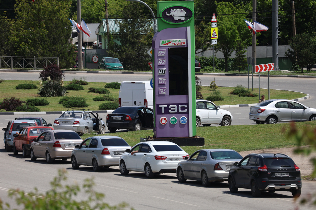 Cars line up at a petrol station in Simferopol, Crimea, Friday, June 12, 2026. (AP Photo)