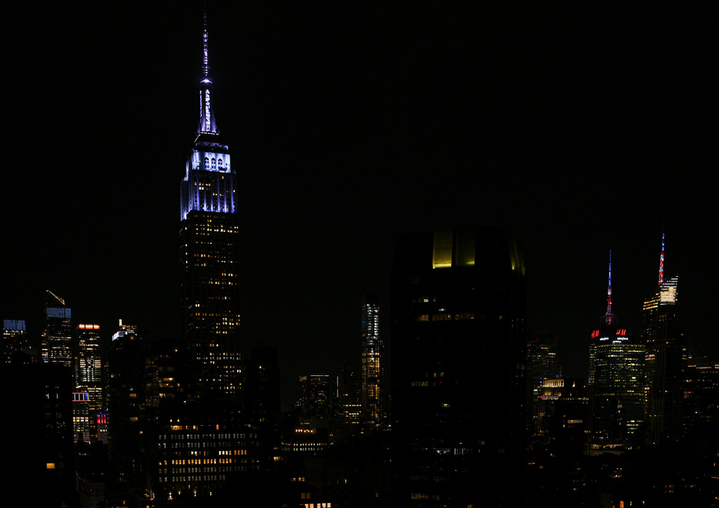 The Empire State Building lit up as "her something blue" for Taylor Swift and Travis Kelce's wedding on Friday, July 3 2026, in New York. (Photo by Evan Agostini/Invision/AP)