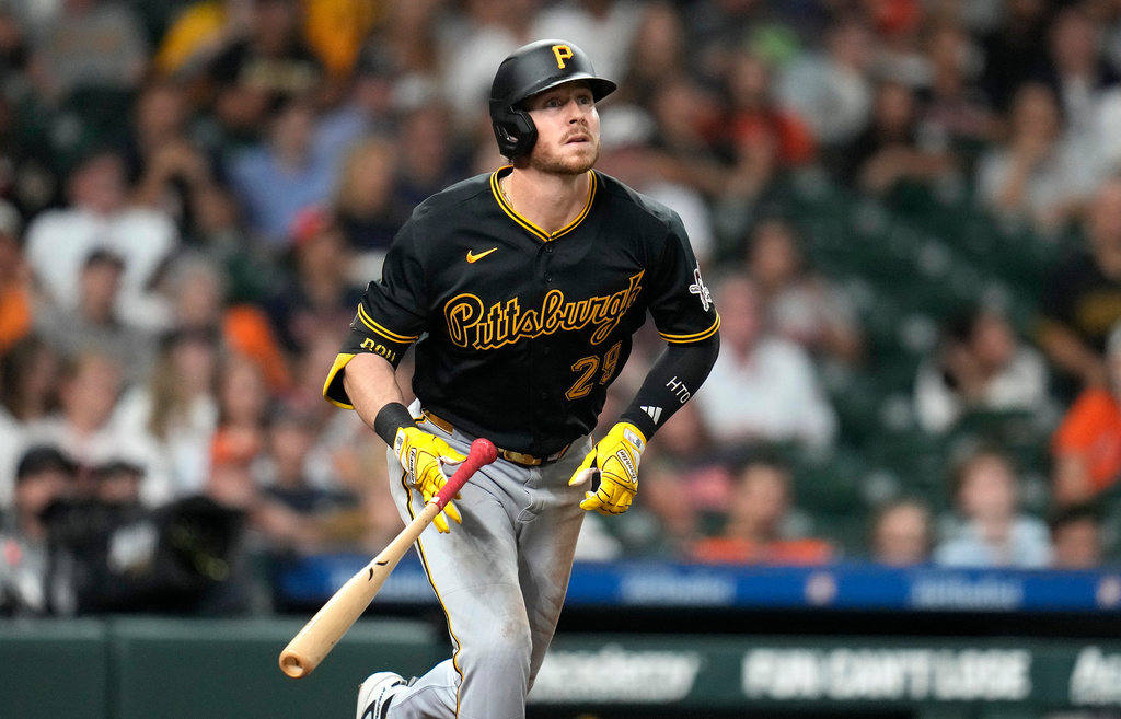 Pittsburgh Pirates' Ryan O'Hearn watches his two-run home run against Houston Astros starting pitcher Kai-Wei Teng during the sixth inning of a baseball game, Thursday, June 4, 2026, in Houston. (AP Photo/Karen Warren)